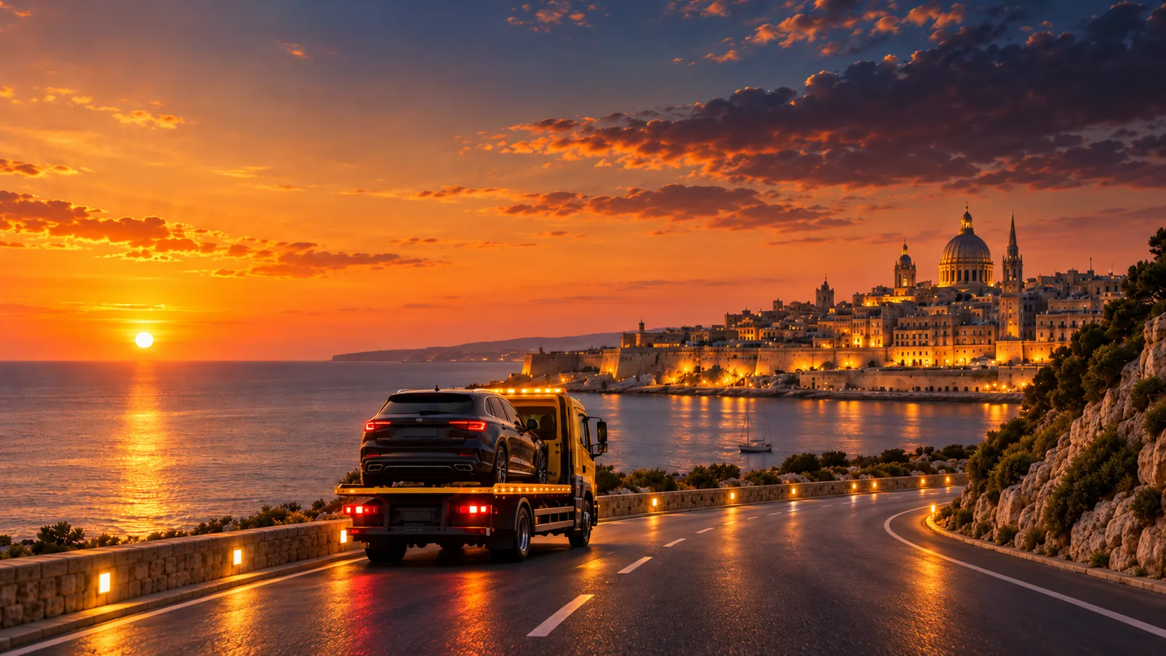 A tow truck carrying a car along the coast road at sunset, with Valletta in the background